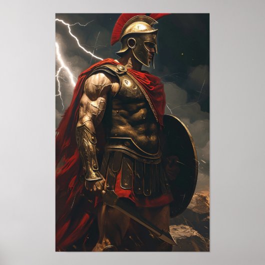 ライトニの前に立つギリシャのスパルタンの戦士 ポスター (正面)