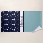 ライトネイビーブルーいかりパターン名航海の ビーチタオル (正面)
