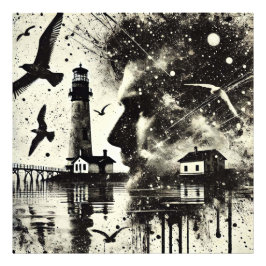 ライトハウスとカモメ付き二重露出男 フォトプリント           