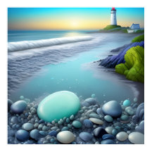 ライトハウスとカラフル小石アットサンライズ