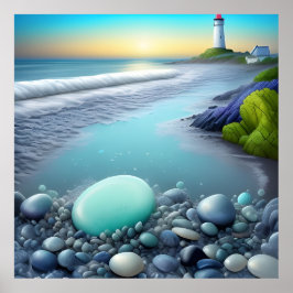 ライトハウスとカラフル小石アットサンライズ ポスター
