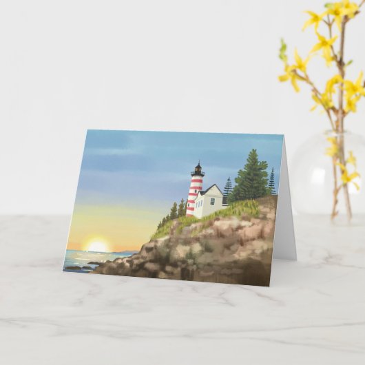 ライトハウスとサンセットカ空白のード カード (黄色い花)