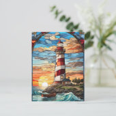 ライトハウスとサンセットステンドグラスイラストレーション ポストカード (スタンド正面)