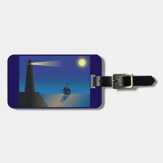 ライトハウスと帆船アットナイトムーンライト海 ラゲッジタグ (正面横)