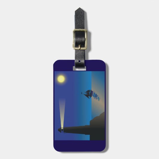 ライトハウスと帆船アットナイトムーンライト海 ラゲッジタグ (正面縦)