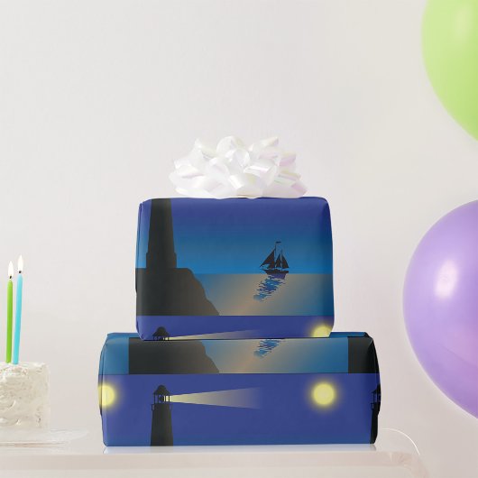 ライトハウスと帆船アットナイトムーンライト海 ラッピングペーパー