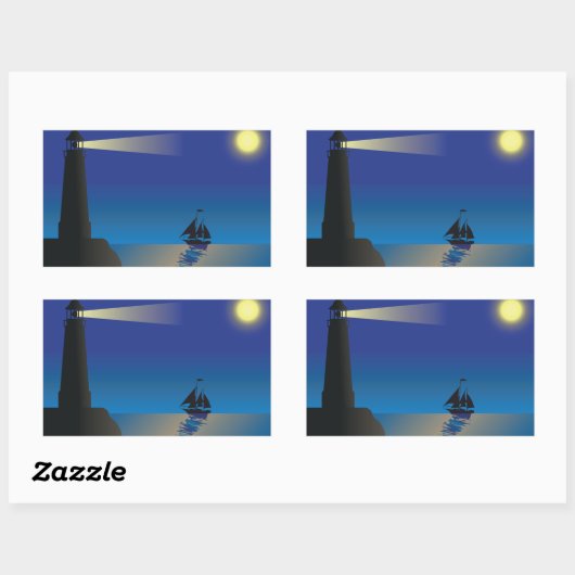 ライトハウスと帆船アットナイトムーンライト海 長方形シール (シート)