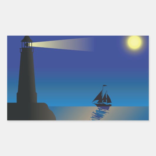 ライトハウスと帆船アットナイトムーンライト海 長方形シール (正面)
