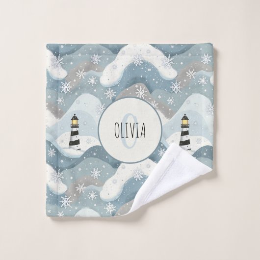 ライトハウスと氷の波の冬のモノグラム航海の ウォッシュタオル (ウォッシュタオル)