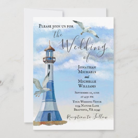 ライトハウスアンドシーグルス航海のビーチ結婚式 招待状 (正面)