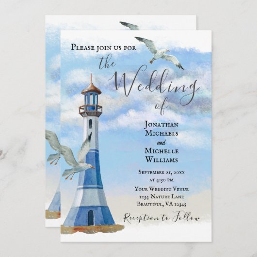 ライトハウスアンドシーグルス航海のビーチ結婚式 招待状 (正面/裏面)