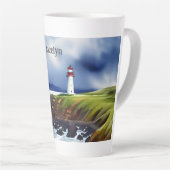 ライトハウスオンザクリフスウォーターカラーパーソナライズされた カフェラテマグ (右アングル)