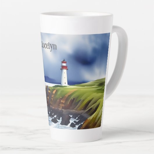 ライトハウスオンザクリフスウォーターカラーパーソナライズされた カフェラテマグ (右アングル)