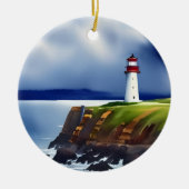 ライトハウスオンザクリフスウォーターカラーパーソナライズされた セラミックオーナメント (正面)