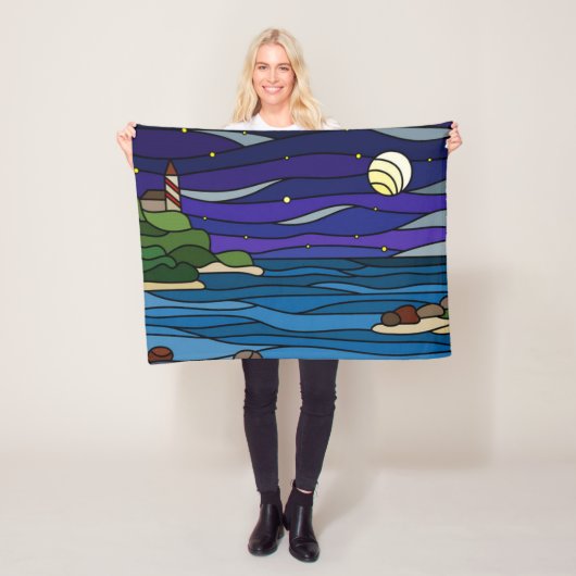 ライトハウスシーショアアンダーナイトスカイムーンスターズ フリースブランケット (インサイチュ)