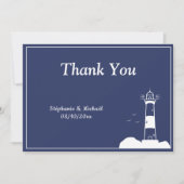 ライトハウスネイビーブルー結婚ズサンキューカード 招待状 (正面)