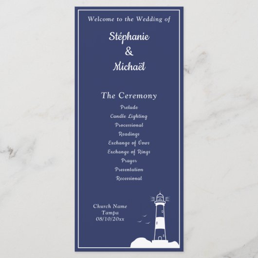 ライトハウスネイビー結婚ブルーの式典プログラム メニュー (正面)