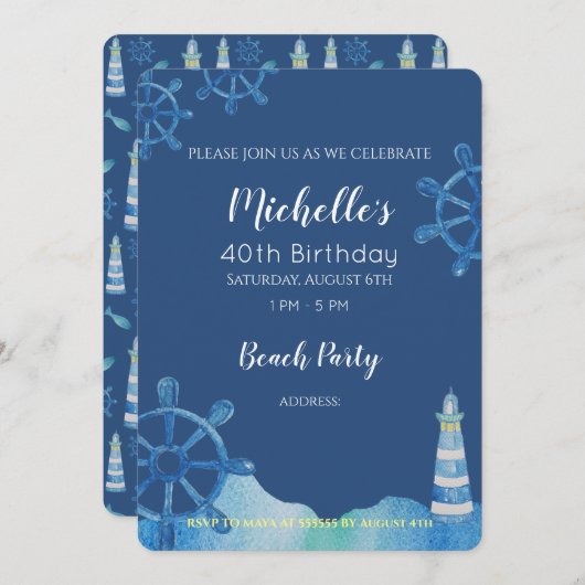 ライトハウスビーチウォーターカラーハンド色彩の鮮やかインビテーション 招待状 (正面/裏面)