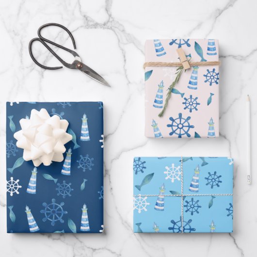 ライトハウスビーチウォーターカラー絵を描ハンドアウトP ラッピングペーパーシート (正面)