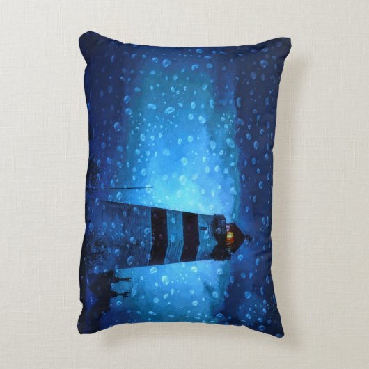 ライトハウスブルー雨の暗い夜の航海の嵐 アクセントクッション (裏面(縦))