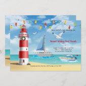 ライトハウス付きクリスマスボートパレード招待状 招待状 (正面/裏面)