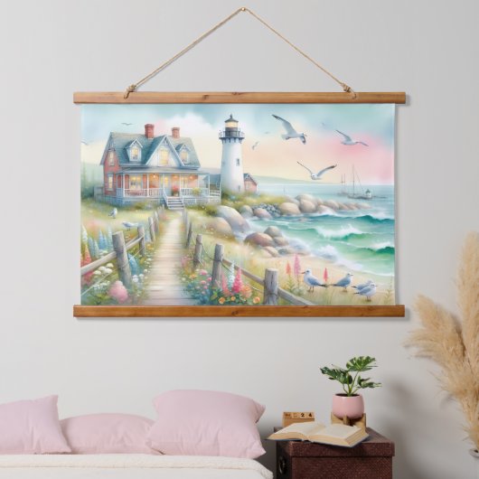 ライトハウス沿岸コテージへの経路 吊り下げ型タペストリー (寝室)