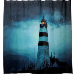 ライトハウス海ダークブルー雨夜 シャワーカーテン
