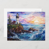 ライトハウス海岸景観ステンドグラススタイル ポストカード (正面/裏面)