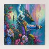 ライトハウス海波カラフル花 ジグソーパズル (横)