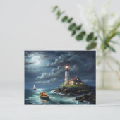 ライトハウス満月の空の列のボート ポストカード (スタンド正面)
