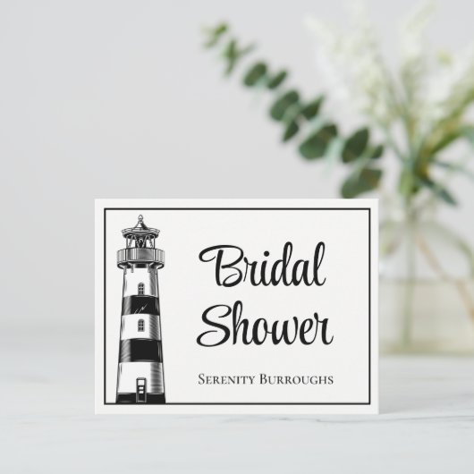 ライトハウス白黒航海のブライダルシャワー インビテーションポストカード (スタンド正面)