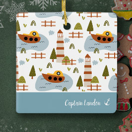 ライトハウス航海のとボートの子供のパターンのクリスマス セラミックオーナメント