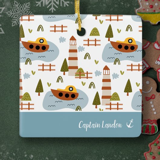 ライトハウス航海のとボートの子供のパターンのクリスマス セラミックオーナメント