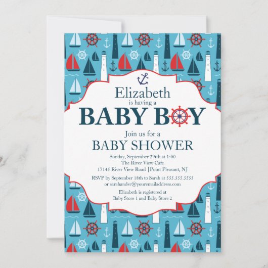 ライトハウス航海のセーリングボートボーイズ赤ちゃんシャワー 招待状 (正面)