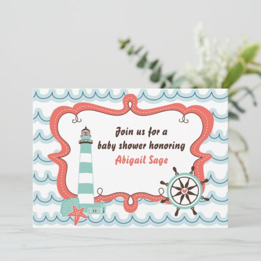 ライトハウス航海のニュートラルベビーシャワー招待状 招待状 (スタンド正面)