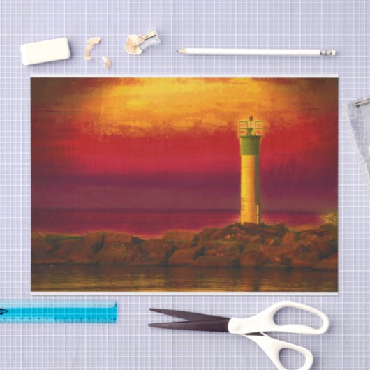 ライトハウス航海のバーントオレンジスカイサンセットレイク 薄葉紙 (クラフト)