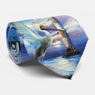 ライトハウス航海の油絵画鳥ビーチブルー ネクタイ
