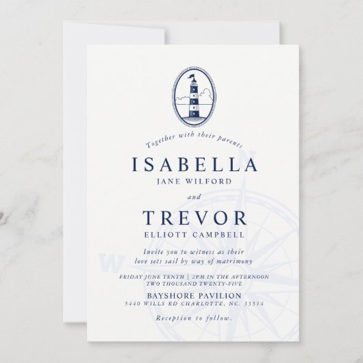 ライトハウス航海の結婚式招待状無地のネイビー 招待状 (正面)