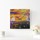 ライトハウス&シルボートアットサンセット海 スクエア壁時計 (ホーム)