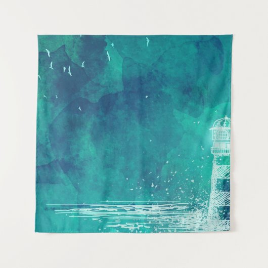 ライトハウス&シーグルス – 水彩画海シーン タペストリー (正面)