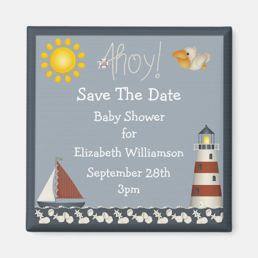 ライトハウス&帆船Save The Date Baby Shower マグネット (正面)
