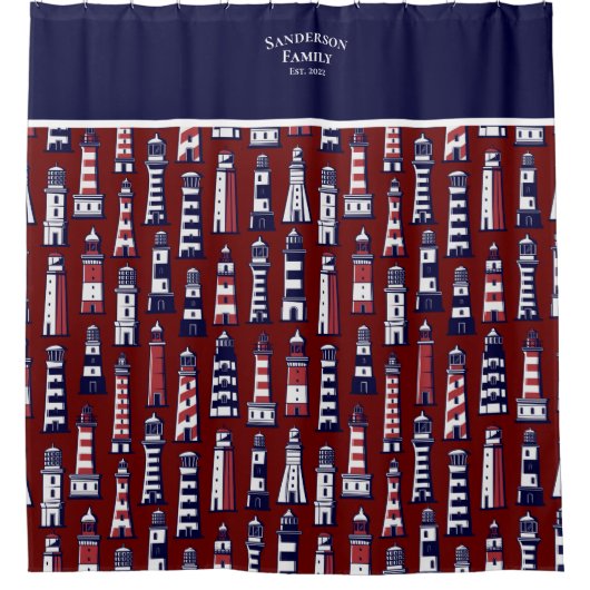 ライトハストライプのウス航海のネイビーブルーグレーレッドショウ シャワーカーテン (正面)