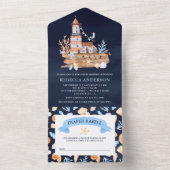 ライトハ素朴ウス航海のネイビーブルーベビーシャワー オールインワン招待状 (内側)