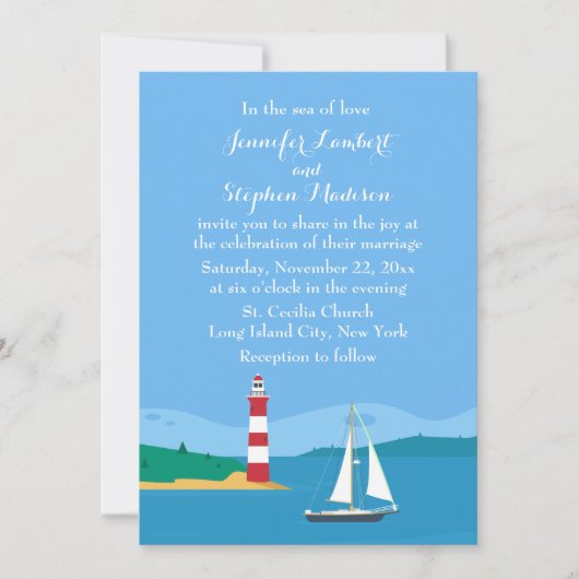 ライトハ航海のウス&シルボートブルー海ズ結婚 招待状 (正面)