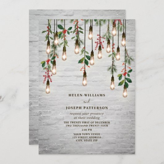 ライトバルブ白レンガのクリスマス冬の結婚式 招待状 (正面/裏面)
