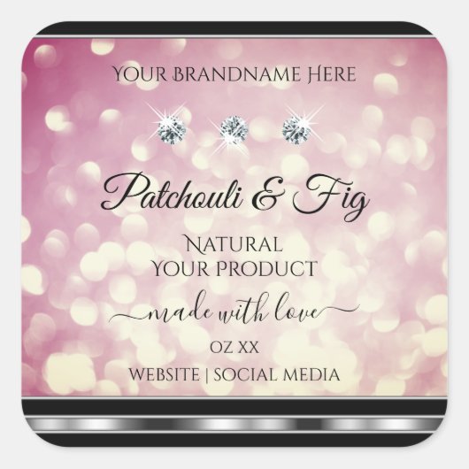 ライトバーガンディグリッター商品ラベル ダイヤモンド スクエアシール (正面)