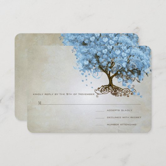 ライトパウダーブルーハートリーフツリーウェディングRSVP 出欠カード (正面/裏面)