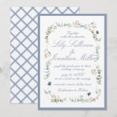 ライトパウダーブルーロマンチックフローラ結婚フレーム 招待状 (正面/裏面)