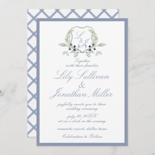 ライトパウダーブルーロマンチックモノグラム結婚クレスト 招待状 (正面/裏面)