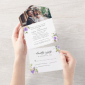 ライトパステルパープルグリーナリーフローラ写真結婚ズ オールインワン招待状 (貼ってはがせる)